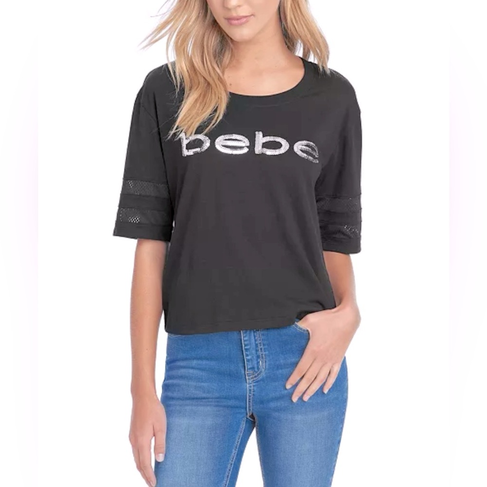 BEBE Women’s Short sleeve Sequin Jersey Sleeve Sports Top